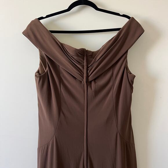 LA Femme Brown Taupe Cocoa Ruched Stretch Jersey Column Gown Womens 14 - Picture 10 of 15
